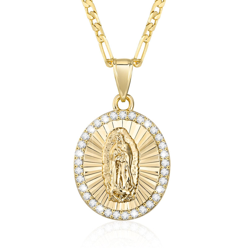 Hisatan 14k Gold Plated Guadalupe Virgin Mary Pendant Necklace for Women Cubic Zirconia Mother Mary Catholic Necklace Virgen de Guadalupe Charm Pendant Lady of Guadalupe Jewelry 18